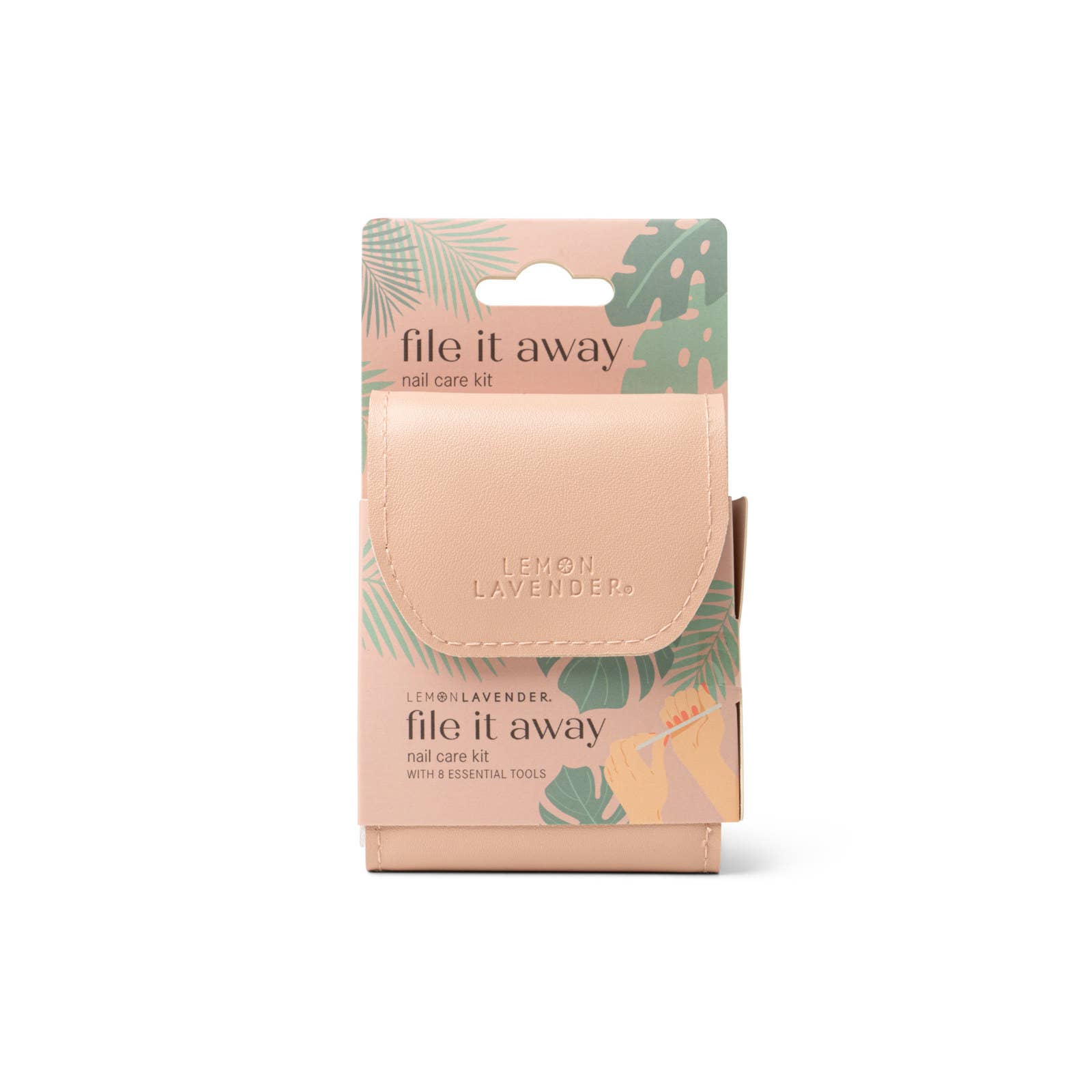 Nail care kit packaging with 'file it away' text and leaf designs on a white background