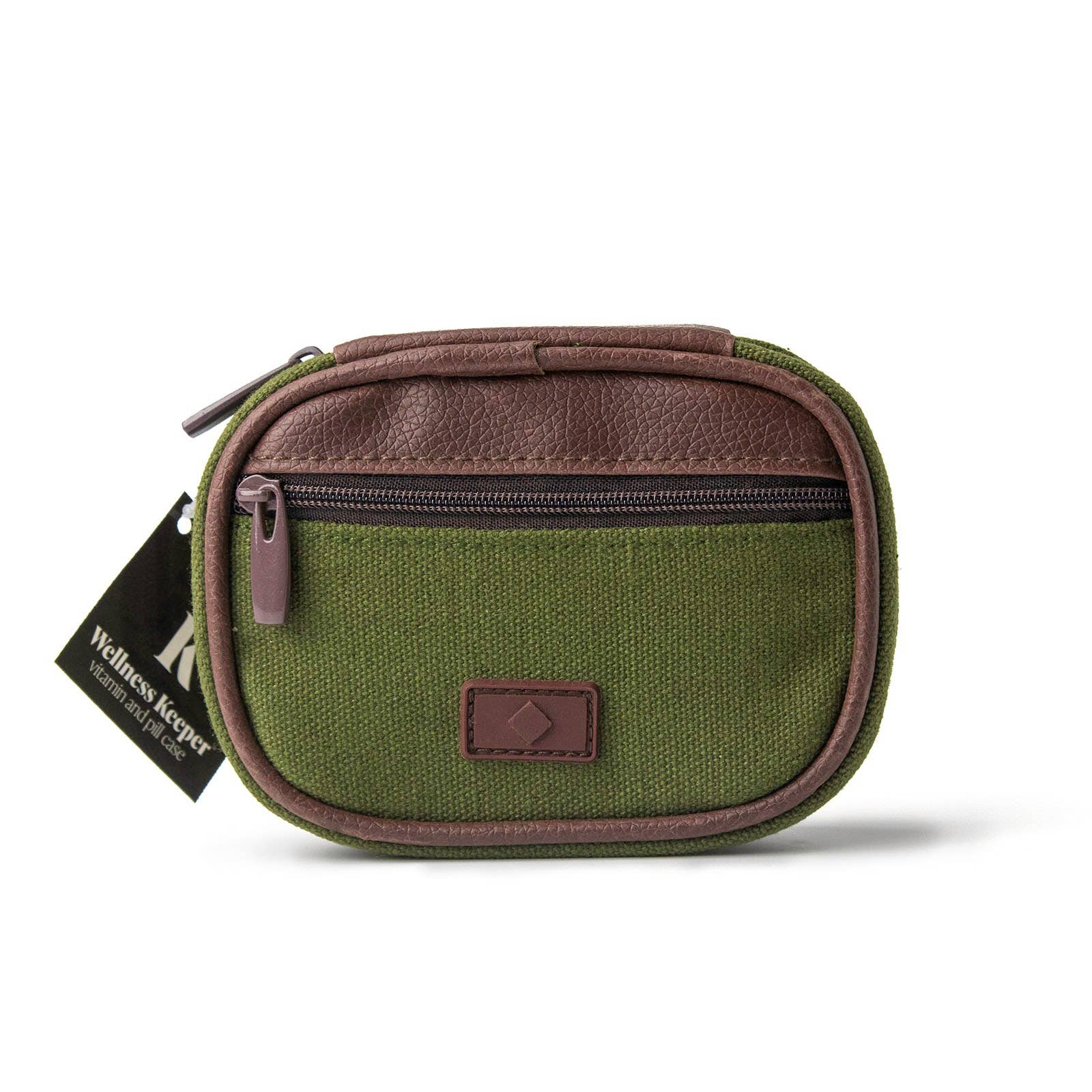 Green and brown pouch with a visible brand tag on a white background