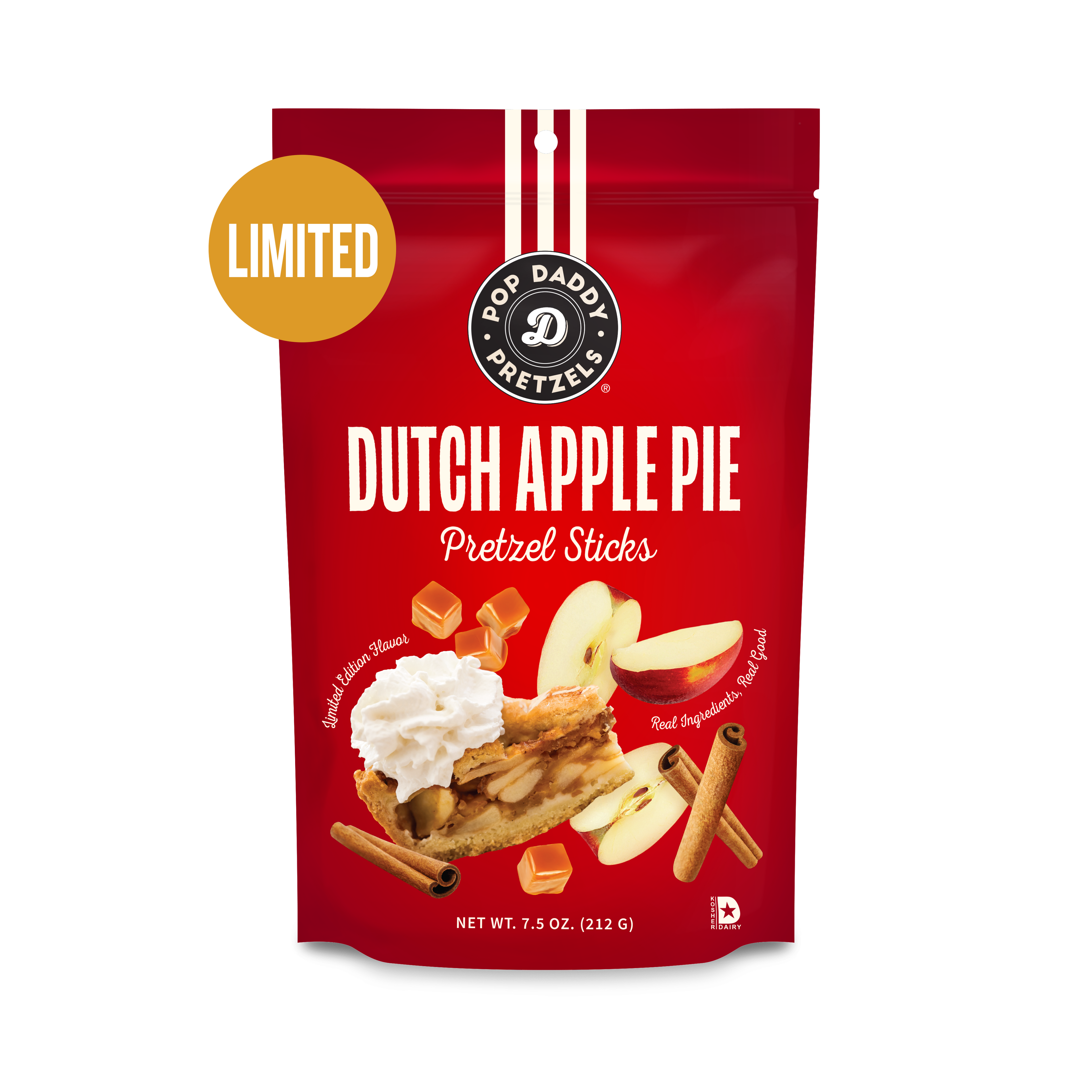 Red package of Pop Daddy Pretzels Dutch Apple Pie flavor on a white background