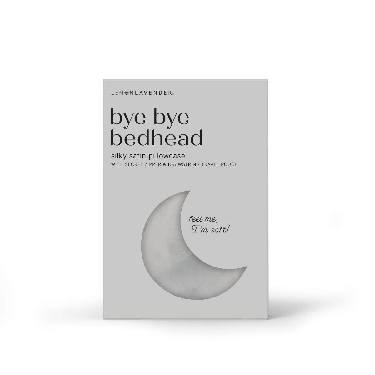Silky satin pillowcase packaging with 'bye bye bedhead' text on a white background