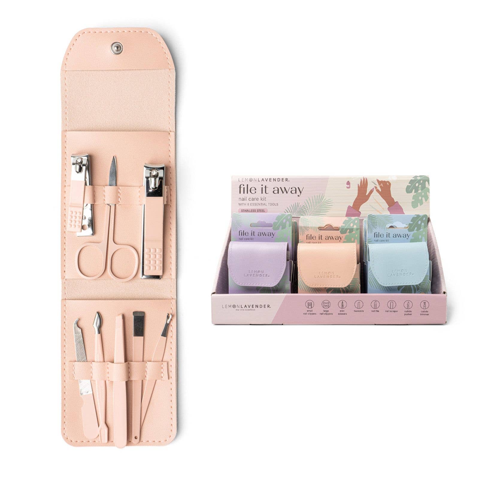 Manicure set with tools and packaging on a white background