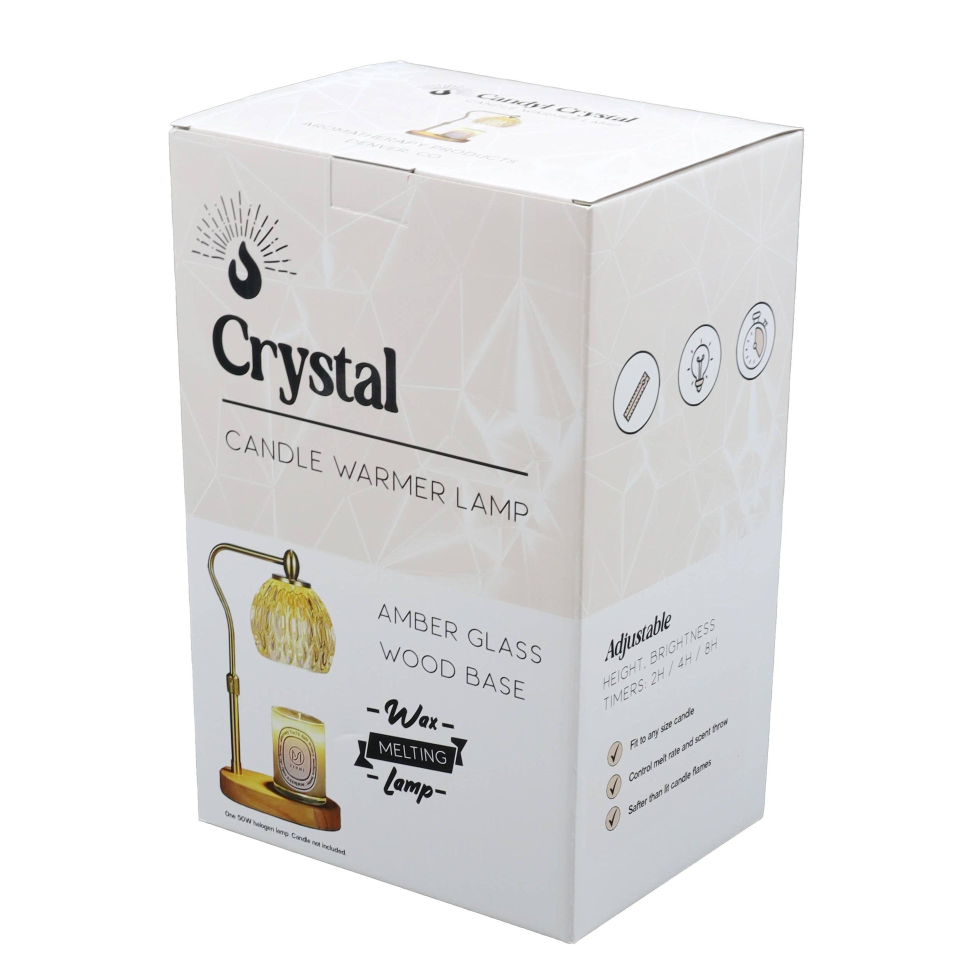 Box packaging of a Crystal candle warmer lamp with illustrations and text on a white background