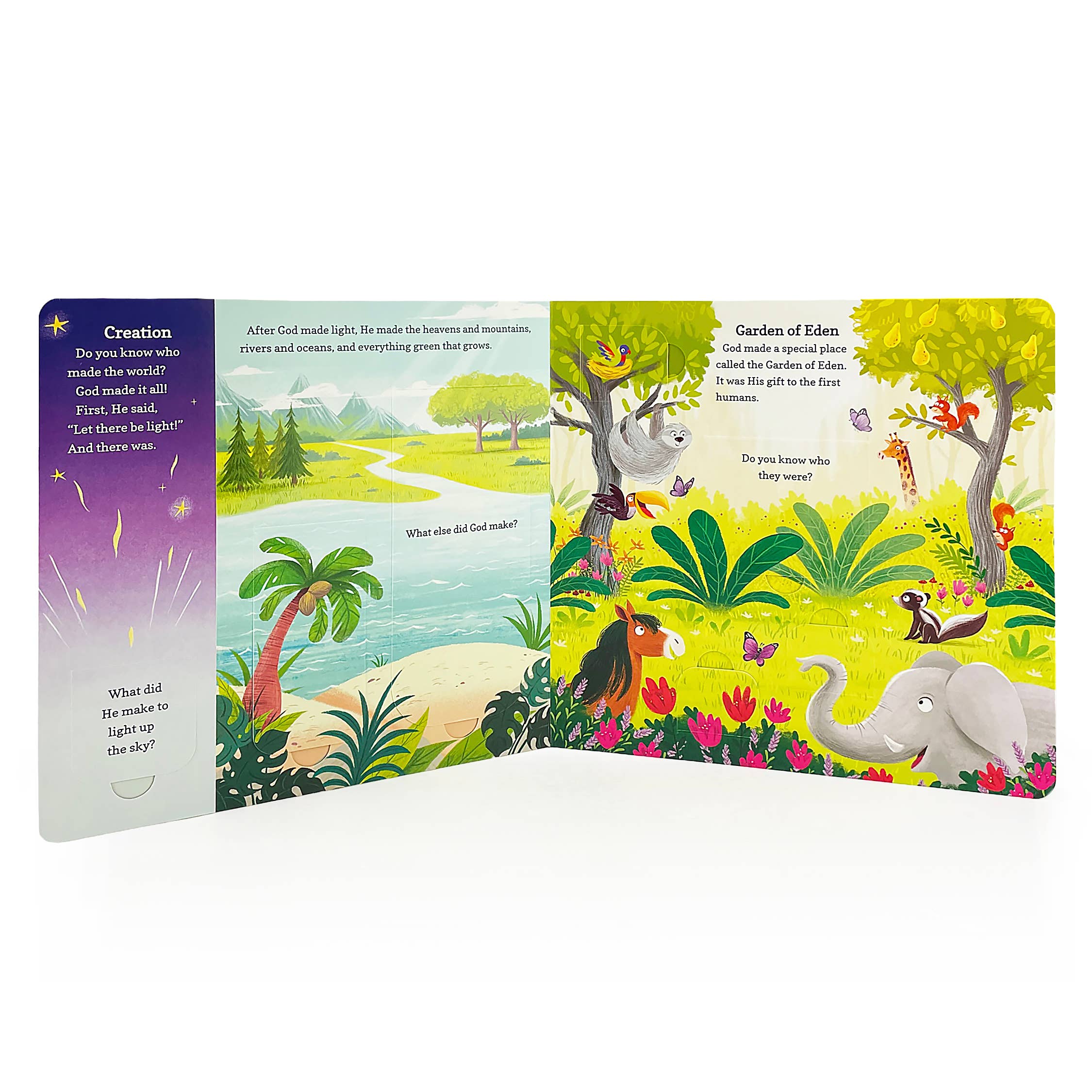 Children's book with colorful illustrations of animals and nature scenes on a white background