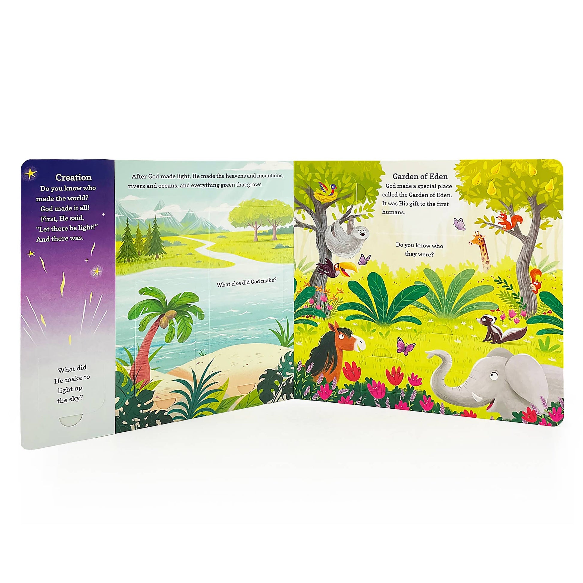 Children's book with colorful illustrations of animals and nature scenes on a white background
