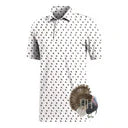 White polo shirt with black pattern on a white background