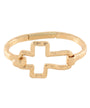 A gold-plated open cuff bracelet featuring a central open cross design and a textured spring ring clasp, shown on a plain white background.