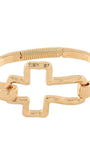 A gold-plated open cuff bracelet featuring a central open cross design and a textured spring ring clasp, shown on a plain white background.