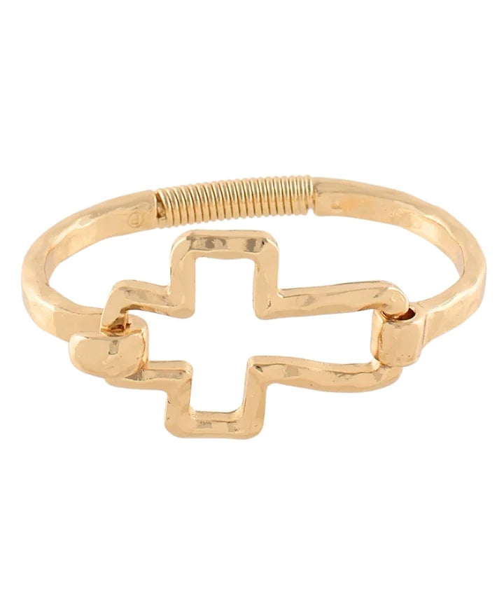 A gold-plated open cuff bracelet featuring a central open cross design and a textured spring ring clasp, shown on a plain white background.