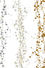 Three decorative garlands in gold, silver, and white on a white background