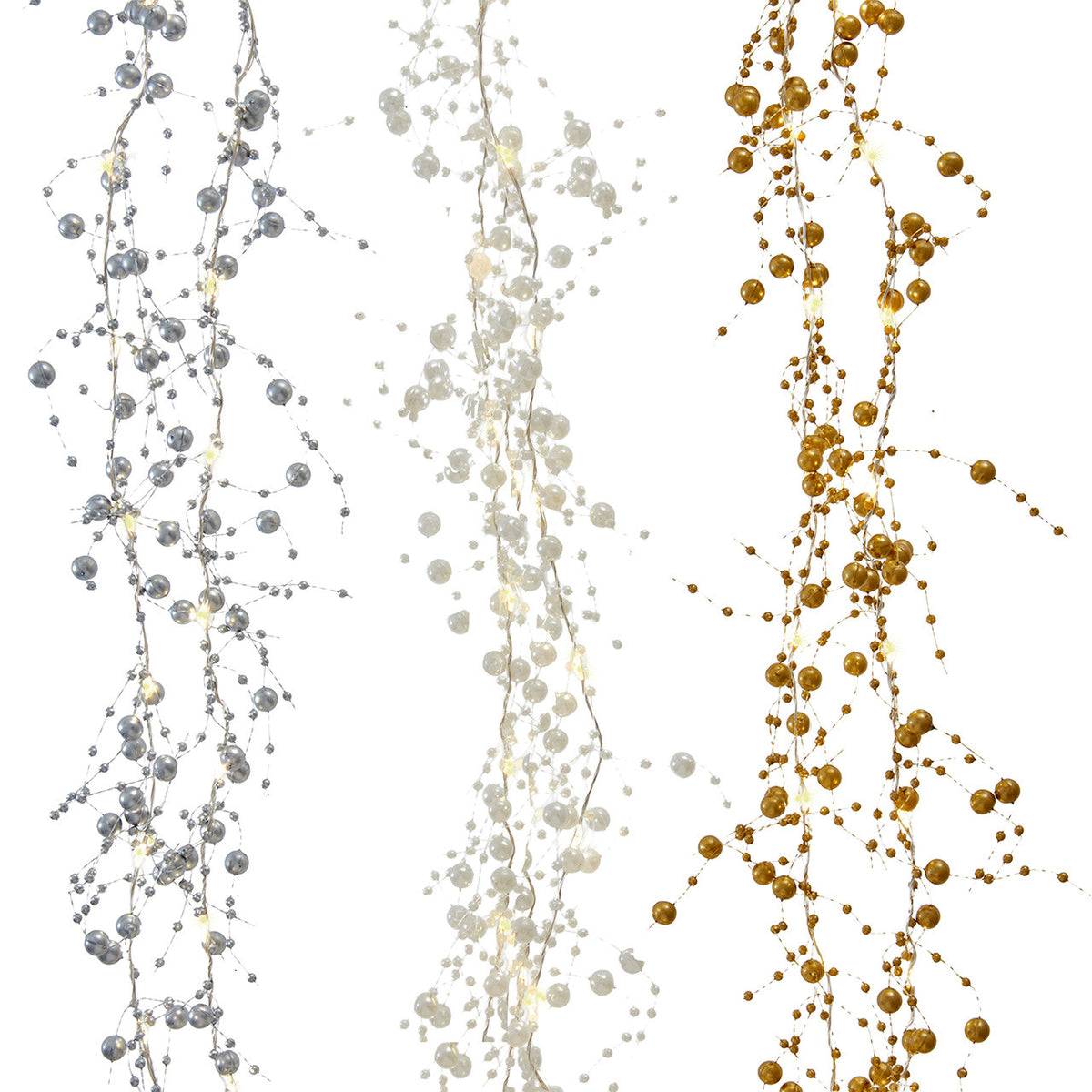 Three decorative garlands in gold, silver, and white on a white background