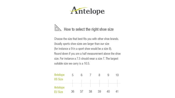 Instructions on how to select the right shoe size for Antelope brand shoes.