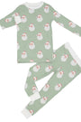 Children's pajama set with Santa Claus pattern on a green background
