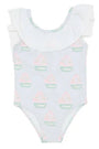 One-piece swimsuit with sailboat pattern on a white background