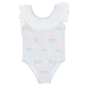 One-piece swimsuit with sailboat pattern on a white background