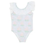 One-piece swimsuit with sailboat pattern on a white background