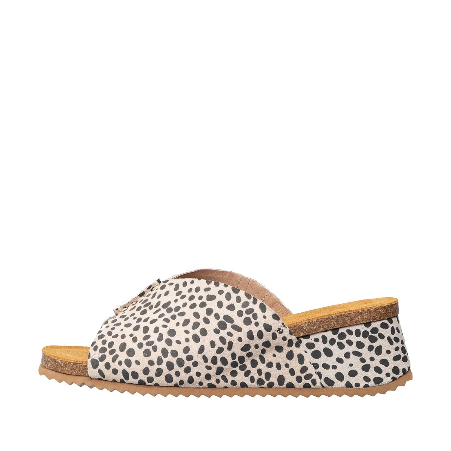 Cheetah print slipper with a wooden sole on a white background