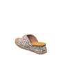 Cheetah print slide sandal with a brown sole on a white background