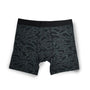 Men's boxer briefs featuring a dark gray and black organic wavy pattern, displayed against a clean white background.