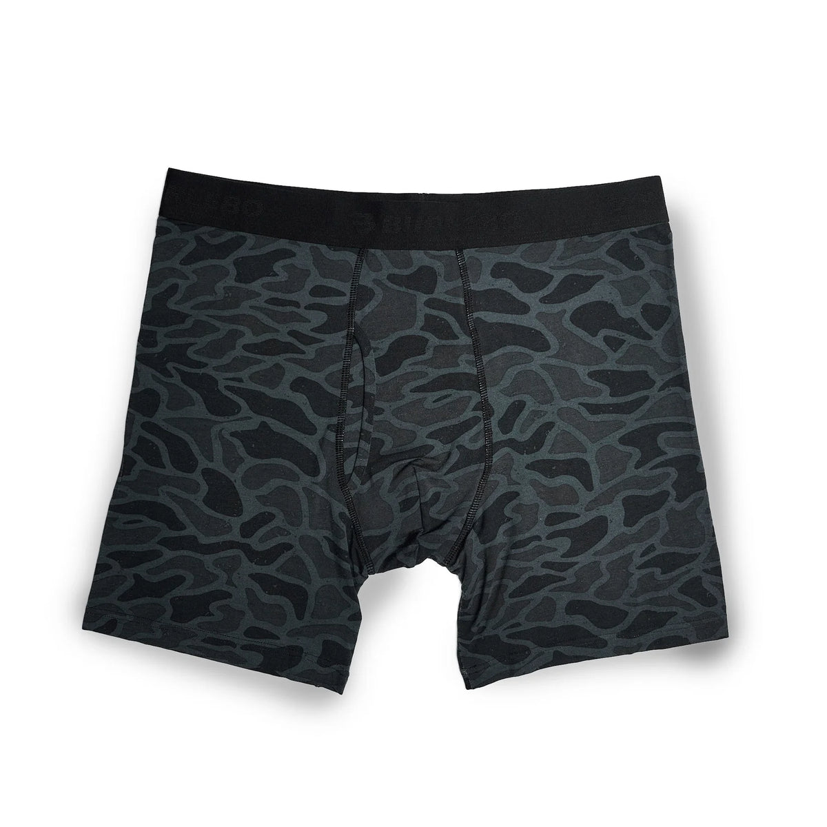 Men's boxer briefs featuring a dark gray and black organic wavy pattern, displayed against a clean white background.