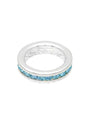 Silver ring with blue gemstones on a white background