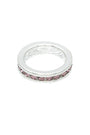 Silver ring with pink stones on a white background