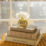 Decorative stack of books with a small vase and flowers on top, set against a blurred indoor background.