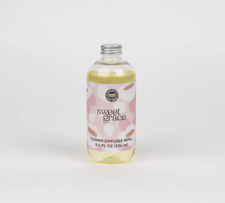 Bottle of 'Sweet Grace' flower diffuser refill on a white background