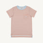 Striped t-shirt with a small logo on a white background
