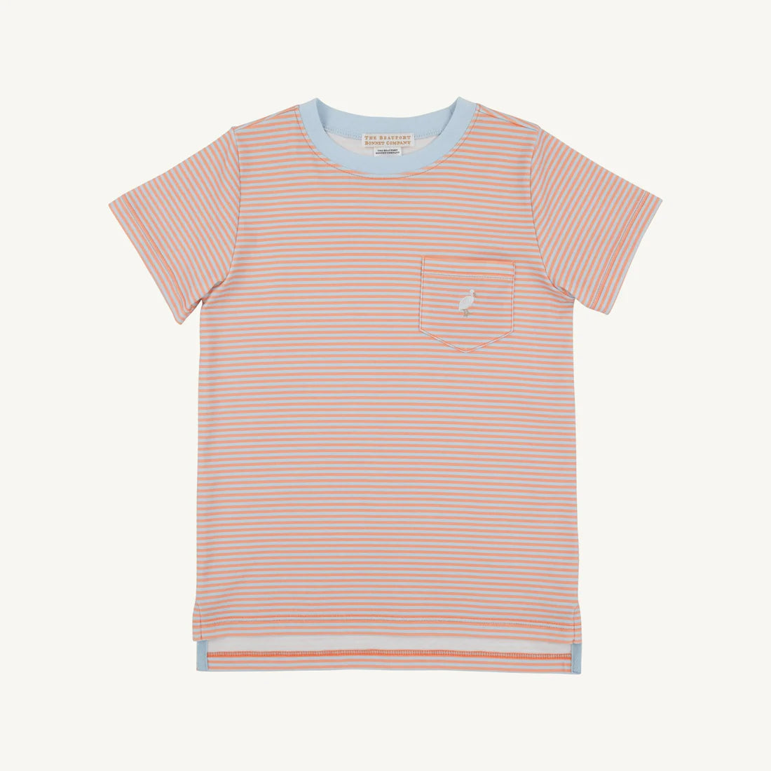 Striped t-shirt with a small logo on a white background