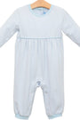 A baby long-sleeve footless romper in a light blue and white stripe pattern, hanging on a wooden hanger against a plain white background.