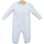 A baby long-sleeve footless romper in a light blue and white stripe pattern, hanging on a wooden hanger against a plain white background.