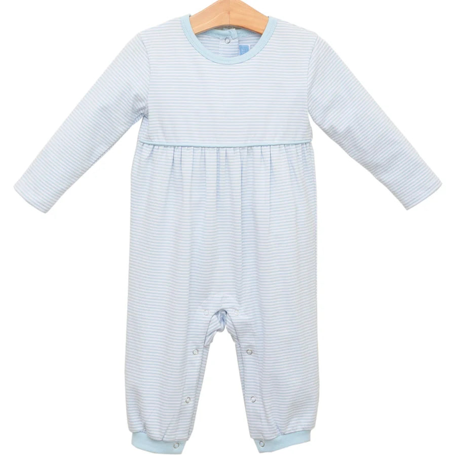 A baby long-sleeve footless romper in a light blue and white stripe pattern, hanging on a wooden hanger against a plain white background.