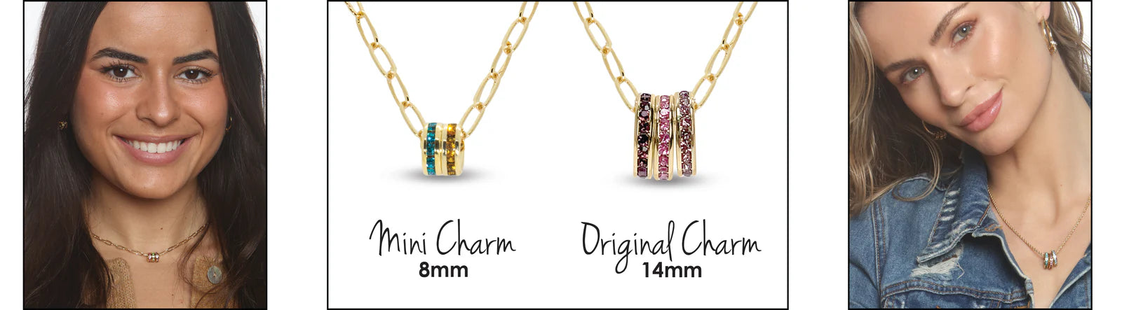 Two women wearing necklaces with 'Mini Charm' and 'Original Charm' text on a white background.