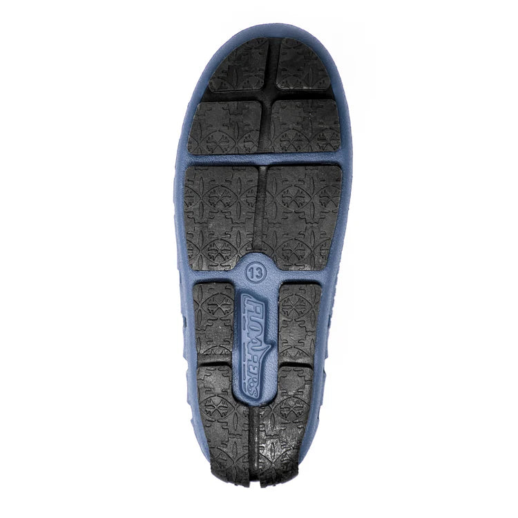 Blue shoe sole with textured pattern and brand logo on a white background
