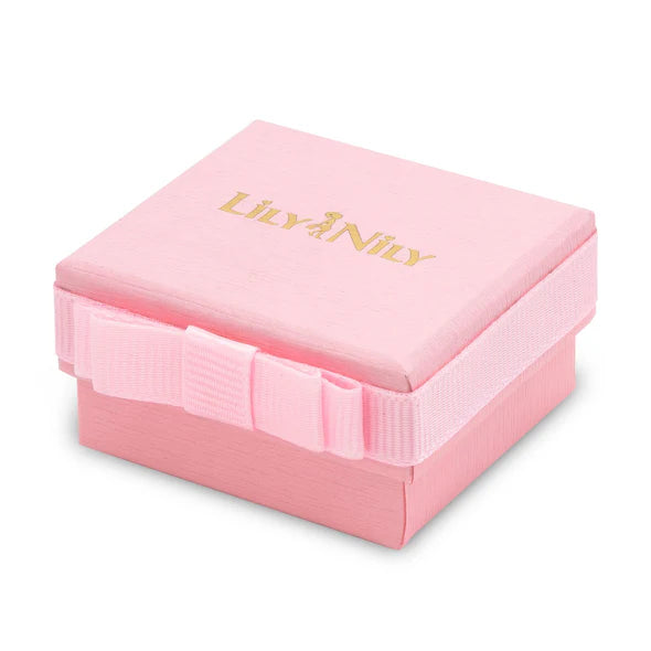 Pink jewelry box with a bow and 'Lily Nily' branding on a white background