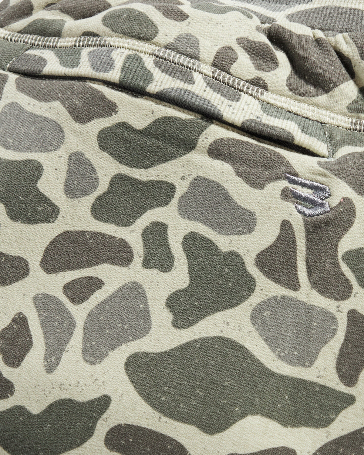Close-up of a camouflage-patterned fabric with a zipper