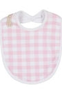Baby bib with pink and white checkered pattern on a plain background