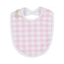 Baby bib with pink and white checkered pattern on a plain background