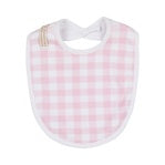 Baby bib with pink and white checkered pattern on a plain background