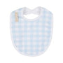 Baby bib with blue and white checkered pattern on a plain background