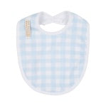 Baby bib with blue and white checkered pattern on a plain background