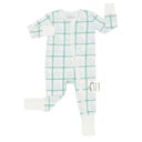 Baby onesie with green and white checkered pattern on a white background