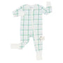 Baby onesie with green and white checkered pattern on a white background