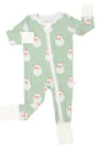 Green baby onesie with Santa Claus pattern on a white background