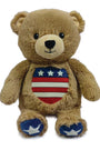 Brown teddy bear with an American flag design on a white background