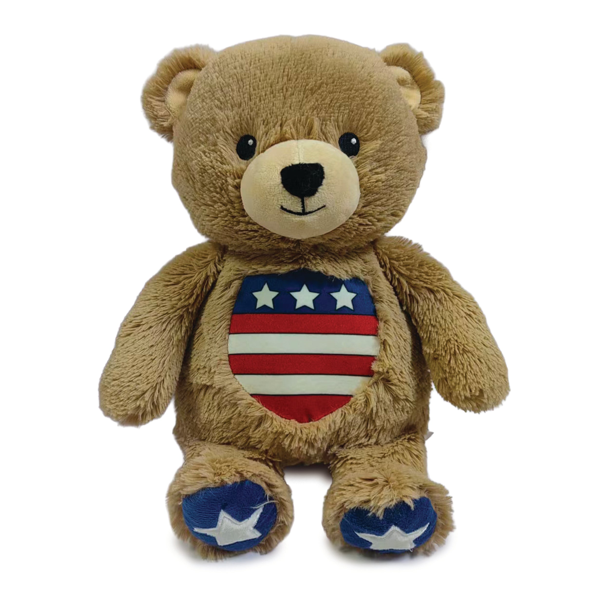 Brown teddy bear with an American flag design on a white background