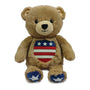 Brown teddy bear with an American flag design on a white background