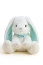 White plush bunny with colorful ears and a bow tie on a white background