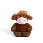 Plush toy cow with brown fur and white face on a white background