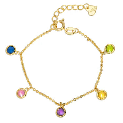 Gold bracelet with colorful gemstones on a white background